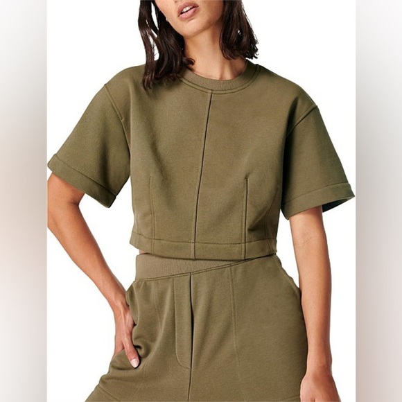 SWEATY BETTY WREN CROP SHORT SLEEVE T-SHIRT- Size XL. Color olive - Picture 9 of 11